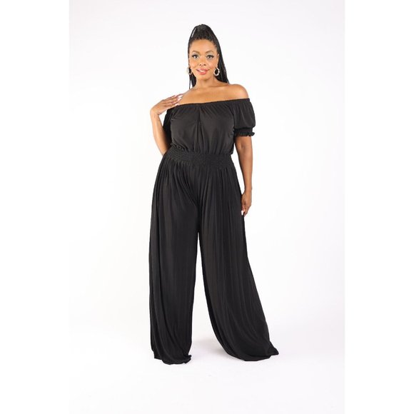 Women's Pleated off Shoulder Jumpsuit Plus Size 1X 2X 3X BLACK RED - Picture 5 of 11